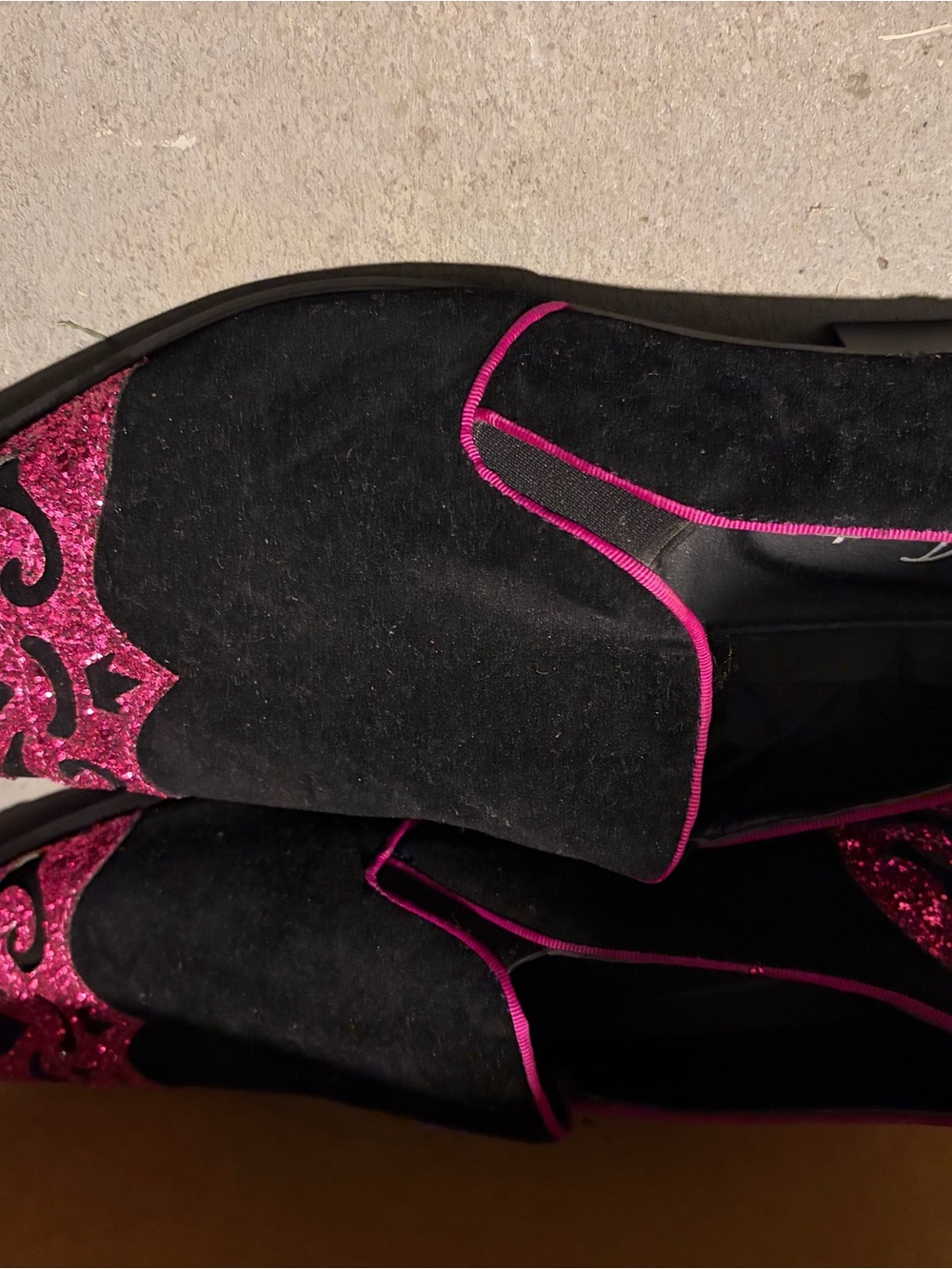 Black Suede Slip-On Loafers with Pink Glitter Accent